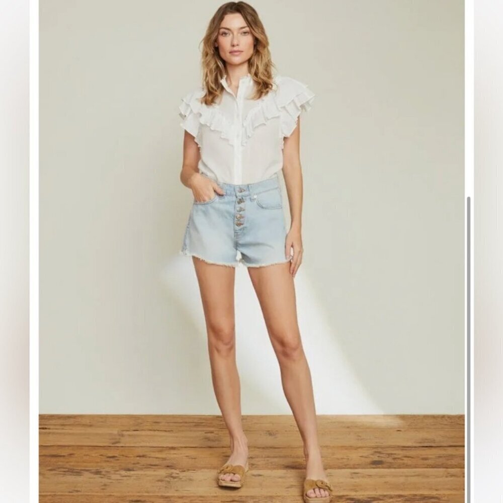 Veronica Beard Timmi High Rise Raw Hem Button Fly Denim Shorts Aire Blue Wash 25
